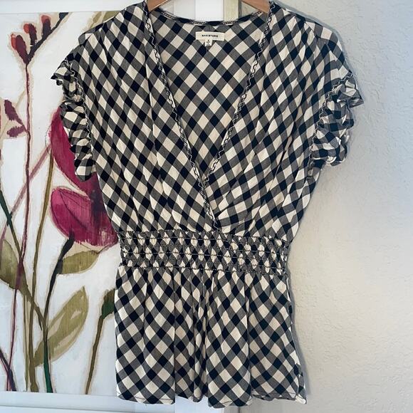 NEW Max Studio Black Check Top Surplice Italy Smocked Italian Bella Picnic Farm - Picture 1 of 6